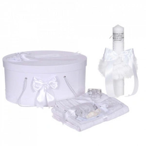 Set botez - trusou, lumanare cu mesaj si cutie trusou, decor elegant dantela Alba, Denikos® C1113