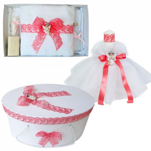 Set dantela trusou botez, cutie trusou si lumanare, Ingeras, decor Corai, Denikos® 568