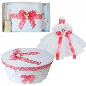 Set dantela trusou botez, cutie trusou si lumanare, Ingeras, decor Corai, Denikos® 568