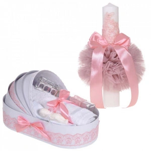 Set elegant lumanare botez si trusou botez in landou, decor dantela Roz Pudra, Denikos® 884