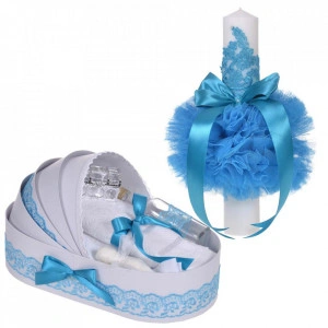 Set elegant lumanare botez si trusou botez in landou, decor dantela Turcoaz, Denikos® 888