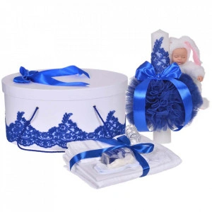 Set elegant trusou botez, cutie trusou si lumanare iepuras pufos, dantela si fundite, decor Albastru, Denikos® 930