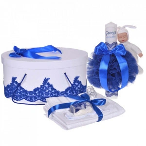 Set elegant trusou botez, cutie trusou si lumanare personalizata cu nume, decor dantela Albastra cu iepuras, Denikos® 948