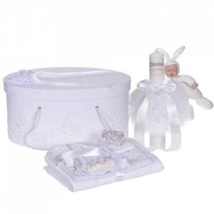 Set elegant trusou botez, cutie trusou si lumanare personalizata cu nume, decor dantela Alba cu iepuras, Denikos® 952