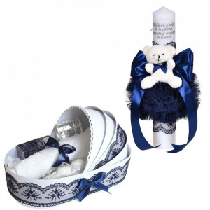 Set lumanare botez cu mesaj si ursulet si trusou botez in landou, decor dantela bleumarin lata, Denikos® C1083