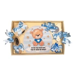 Set tava mot tema Ursulet, baietel 1 an, fundite bleu, Denikos® TV070
