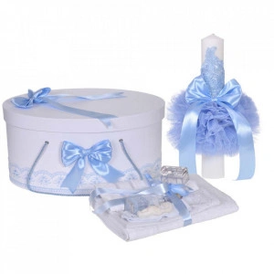 Set trusou botez, cutie trusou si lumanare, decor elegant dantela Bleu, Denikos® 922