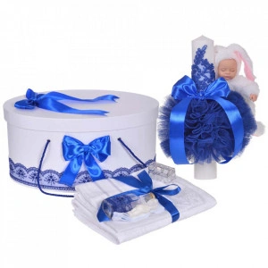 Set trusou botez, cutie trusou si lumanare iepuras pufos, dantela si fundite, decor Albastru, Denikos® 894