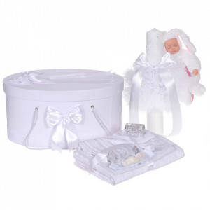 Set trusou botez, cutie trusou si lumanare iepuras pufos, dantela si fundite, decor Alb, Denikos® 898