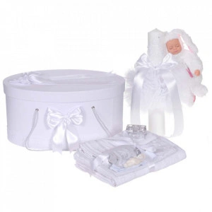 Set trusou botez, cutie trusou si lumanare iepuras pufos, dantela si fundite, decor Alb, Denikos® 898