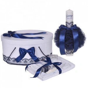 Set trusou botez, cutie trusou si lumanare personalizata cu nume, decor Bleumarin, Denikos® 900
