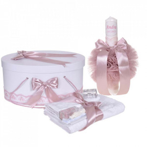 Set trusou botez, cutie trusou si lumanare personalizata cu nume, decor Roz pudra, Denikos® 902