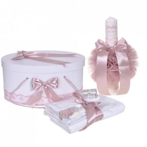 Set trusou botez, cutie trusou si lumanare personalizata cu nume, decor Roz pudra, Denikos® 902