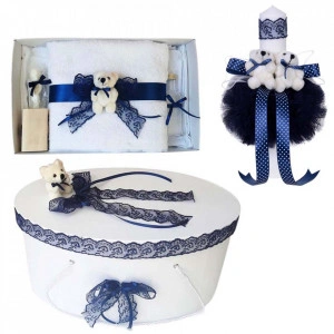 Set trusou botez, cutie trusou si lumanare, Ursulet, dantela bleumarin, Denikos® 469