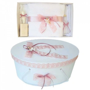 Set trusou botez si cutie trusou, Ingeras, dantela roz prafuit, Denikos® 453
