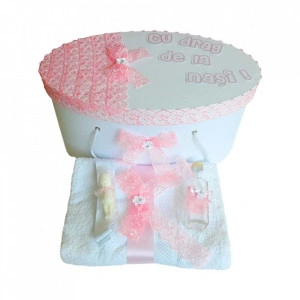 Set trusou botez si cutie trusou personalizata, decor dantela, Denikos® 218