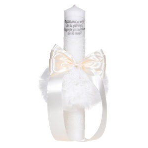 Set trusou complet in landou decorat cu dantela, lumanare botez personalizata cu mesaj si set pentru prima baita dupa botez, culoare crem / ivoire, Denikos NK146 - Img 2