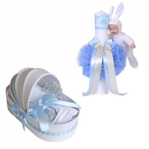 Trusou botez in landou si lumanare cu iepuras, decor bleu Denikos® 106
