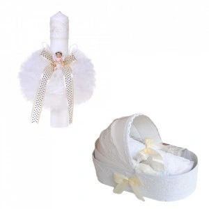 Trusou botez in landou si lumanare glob cu ingeras, decor ivoire Denikos® 162