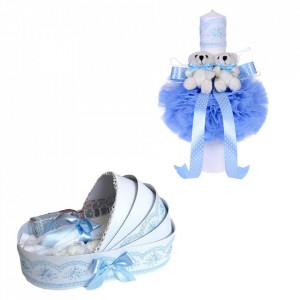 Trusou botez in landou si lumanare glob cu ursuleti, decor bleu Denikos® 155