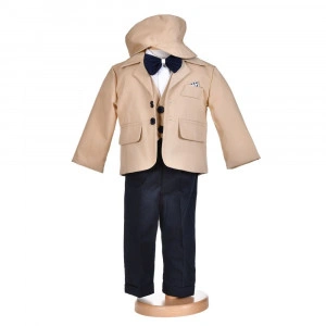 Costum botez baiat, bej clasic, 5 piese, Denikos® H008