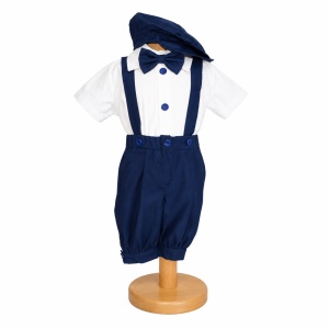Costum botez baiat bleumarin cu pantaloni trei sferturi, bretele, papion si basca eleganta Denikos® H044