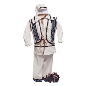 Costum botez national pentru baiat, alb, decor negru, albastru, 5 piese, Denikos®PTB02