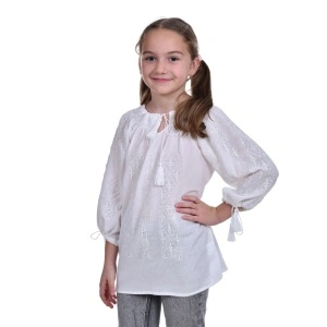 Ie traditionala fata, alba, diafana, broderie alba, marime unica, 7-10 Ani, Denikos®TD228