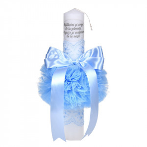 Lumanare botez cu mesaj, decor bleu, cu fundita si dantela, Denikos® C1034