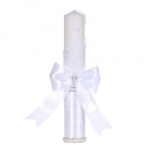 Lumanare botez decor alb elegant, dantela, margelute si fundita asortata, Denikos® C1188