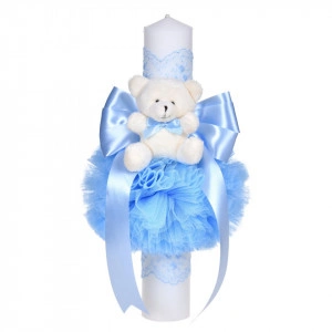 Lumanare botez decor bleu, fundita, dantela si ursulet asortate, Denikos® C1052