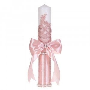 Lumanare botez decor roz pudra elegant, dantela, margelute si fundita asortata, Denikos® C1192