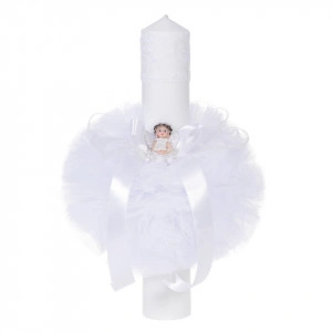 Lumanare botez diafana, cu ingeras, decor alb, Denikos® 65