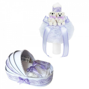Lumanare botez glob cu ursuleti si trusou botez in landou, decor Lila, Denikos® 590