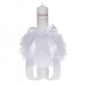 Lumanare botez personalizata, decor alb, diafan cu tul si dantela, Denikos® 728