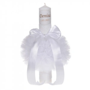 Lumanare botez personalizata, decor alb, diafan cu tul si dantela, Denikos® 728