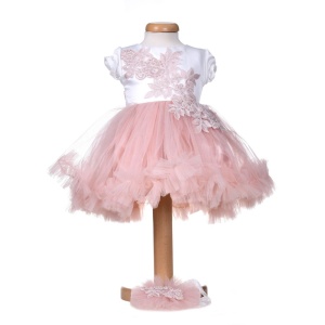 Rochita botez maneca scurta pentru fete, alb - roz pudra, cu dantela, tulle si bentita - tinuta eleganta pentru botez Denikos® H049