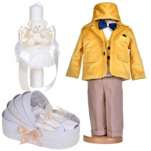 Set botez, costum botez baiat, 5 piese, trusou botez si lumanare, decor ivoire si galben, Denikos® C1136