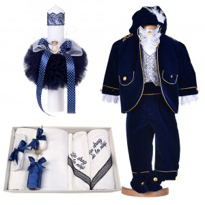 Set botez, costum botez baiat Print Fermecator, 5 piese, trusou botez cu mesaj si lumanare cu ingeras, Denikos® C1171