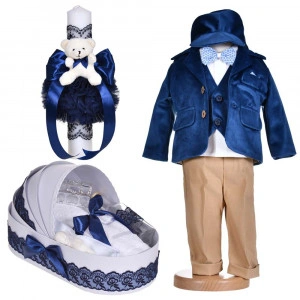 Set botez, costum botez baietel, 5 piese, trusou botez si lumanare, decor bleumarin, Denikos® C1134