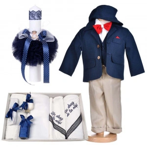 Set botez, costum botez baietel albastru inchis, 5 piese, trusou botez cu mesaj si lumanare cu ingeras, Denikos® C1159