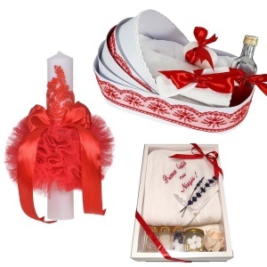 Set botez cu lumanare, trusou in cutie landou si set baita a doua zi – rosu elegant, Denikos NK126