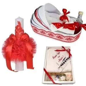 Set botez cu lumanare, trusou in cutie landou si set baita a doua zi – rosu elegant, Denikos NK126