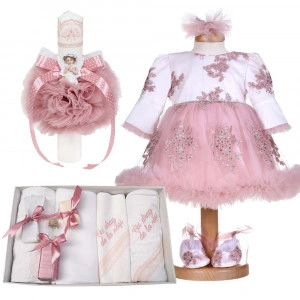 Set botez fete, rochita volanas, 3 piese, trusou botez cu mesaj si lumanare, decor roz pudra, Denikos® C1178