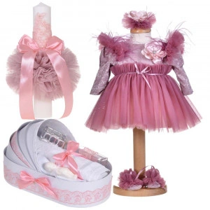 Set botez fetita, rochita 3 piese, trusou botez in landou si lumanare, decor roz pudrat inchis, Denikos® C1142
