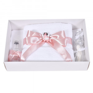 Set botez sic cu lumanare decor dantela, margelute si ingeras si trusou botez asortat, Roz pudra, Denikos® C9316 - Img 5