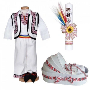 Set botez traditional baiat, trusou botez landou, lumanare si costum popular, Denikos® C9293
