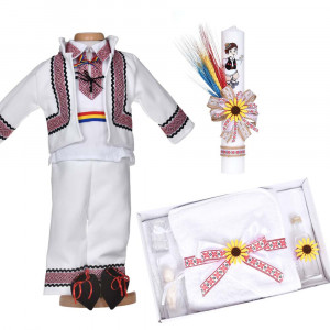 Set botez traditional baiat, trusou botez national, lumanare si costum popular, Denikos® C9298