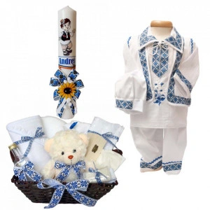 Set botez traditional baietel, trusou botez, lumanare si costum popular baiat, Denikos® 740