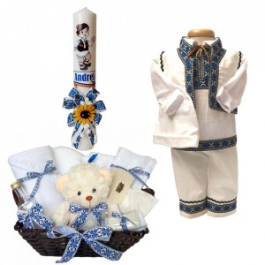 Set botez traditional baietel, tusou botez, lumanare si costum national baiat, Denikos® 738